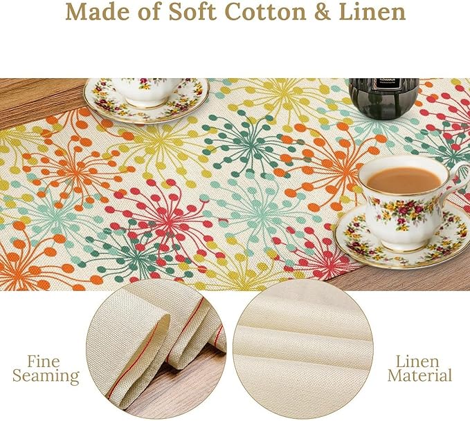 Mid Century Flower Table Runner, Colorful Geometric Abstract Chrysanthemum Vintage Farmhouse Decorations Orange Yellow Gray Table Runner for Kitchen Dining Holiday Party Decor, 13x120 Inch