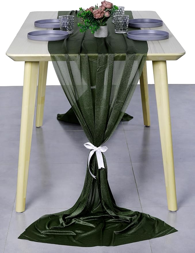 MDS 25 Pack 10ft Chiffon Table Runner 29 x 120 Inches Sheer Wedding Runner Romantic Rustic Table Runner for Wedding Decorations, Birthday Parties, Bridal Shower Party Arch Decor - Olive Green
