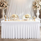 6 Pack White Spandex Table Clothes for 8 Foot Rectangle Tables, 8FT Wrinkle Free Fitted Tablecloths Ruffles Design Table Cover for Party, Banquet, Wedding and Events