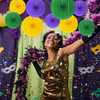 18 Pcs Mardi Gras Hanging Honeycomb Paper Fans, Round Paper Fan Decorations for Weddings, Birthdays, Bachelorette, Photo Booth Backdrops, Baby Shower, Anniversary Events Party Supplies