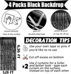 4 Pack Black Fringe Curtain Backdrop, 3.2Ft x 6.6Ft Metallic Tinsel Foil Fringe Streamers Background for Photo Booth Birthday Wedding Baby Shower Carnival Easter Mother’s Day Party Decorations