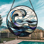 Stained Glass Window Hanging, Ocean Waves Sun Catchers Diamond Glass Panel Hangings Abstract Suncatcher Decor for Birthday for Women, Men, Wife, Aunt, and Mom 14.9x14.9 in