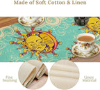 Retro Sun Moon Table Runner, Phase of The Moon Vintage Cloud Table Runner for Kitchen Dinner Living Room Table Runner Yellow Floral, 13x120 Inch Yellow Blue