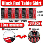 6 Pack 29x108 Inch Black Red Metallic Foil Fringe Tinsel Table Skirts for Rectangle Tables Streamer Curtains Backdrop for Wedding, Casino Viva Las Vegas Game Night Birthday Party Decoration