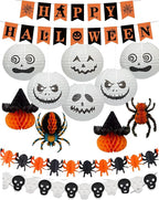 Halloween Office Decorations Indoor Kit - Pumpkin Lanterns, Bats Skull Head Banner, Spider Pumpkin Hanging Happy Halloween Banner For Office Classroom Home 14PCS