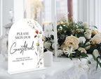 Boho Floral Please Sign Our Guestbook Sign, 6 x 8 Inch White Arch Acrylic Wedding Sign with Holder, Wedding Sign for Ceremony and Reception, Wedding Decoration, Wedding Supplies - BX02