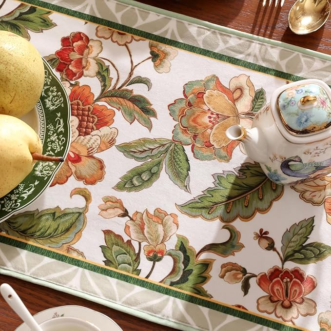 patdrea Designer Elegant French Floral Extra Long Velvet Table Runner,Green with Orange Blossoms Pattern Table Mat,Decoration for Kitchen Dining Coffee Table Cabinet Banquet Thanksgiving,12"*118"