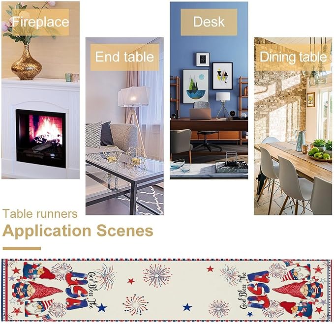 Cute Patriotic Gnomes Table Runner, American Independence Day 4th of July Gnome Blue Red Fireworks Confetti Print Table Runner for Home Kitchen Dining Table Party Decor, 13x70inch