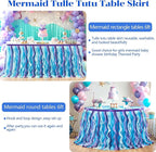 PARTISKY Mermaid Tulle Tutu Ruffle Curly Willow Table Skirt for Rectangle Table 6ft, Mermaid Themed Party Table Cloth for Girls Birthday Party or Baby Shower