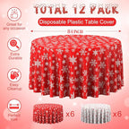 Jectivs 12 Pieces Christmas Snowflake Plastic Party Tablecloth Decorations,84 inch Disposable White Red Round Snowflake Xmas Table Cover Backdrop for Winter Christmas Holiday New Year Party Supplies