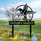 Personalized Garden Signs for Outside, Custom Metal Hummingbird Flowers Garden Decor with Stake, Custom Name Signs Outdoor Yard Patio Backyard Metal Decor Home Gifts