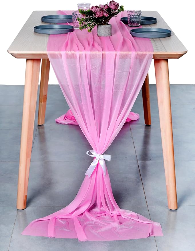 MDS 2 Pack 10ft Chiffon Table Runner 29 x 120 Inches Sheer Wedding Runner Romantic Rustic Table Runner for Wedding Decorations, Birthday Parties, Bridal Shower Party Arch Decor - Bubblegum Pink