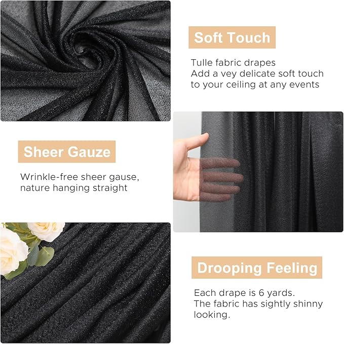 Wokceer Black Wedding Arch Draping Fabric Backdrop 3 Panels 28.7" X 20FT Sheer Drapes Fabric for Wedding Arbor Ceremony Party