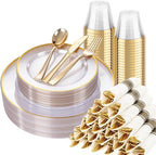 SUT 175 Pcs Gold and Clear Plastic Dinnerware Set for 25 Guests, Include: 25 Dinner Plates, 25 Dessert Plates, 25 Pre Rolled Napkins With Silverware, 25 Cups, Disposable Plates for Party, Wedding