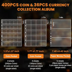 Coin Binder for Collectors with Handle, Fireproof 400 Pockets Coin Collection Album & 36 Paper Currency Book Sleeves, Coin and Bill Organizer Holder Supplies for Quarters, Pennies, 12.8x10.2x1.8inch