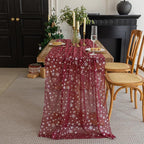 Silvery Snowflake Metallic Print Tulle Christmas Table Runner, Seasonal Winter Kitchen Dining Table Decoration for Home Party Decor 35x120 Inch (Burgundy)