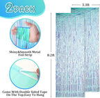 2 Pack 3.3x8.2 Feet Neon Iridescent Foil Fringe Backdrop Curtains, Tinsel Streamers Birthday Party Decorations, Fringe Backdrop for Graduation, Baby Shower, Gender Reveal, Disco Party