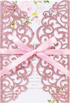 25pcs Glitter Laser Cut Wedding Invitation Kits Pink Personalized Invitation Pockets 5×7 Invitations with Envelopes and RSVP Cards Blank for Wedding Quinceanera Bridal Shower Engagement Birthday Party