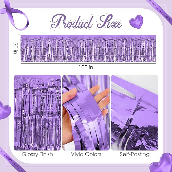 1 Pack Light Purple Table Skirts, 29x108" Metallic Foil Tinsel Fringe Table Skirts for Rectangle Tables Streamer Curtains Backdrop, Party Decorations for Birthdays Weddings Holidays