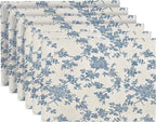 Pastoral Placemats for Dining Table Set of 6, Reversable & Heat-Resistant Non-Slip Place Mats for Kitchen Table Mats 13 x 19 Inch, Floral (Dark Blue)