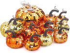 Lenwen 12 Pcs Artificial Disco Pumpkin Glitter Mirror Pumpkin for Decorating Fall Farmhouse Hanging Ornament Harvest Decor for Halloween Thanksgiving Table Centerpiece(Orange, Gold, Dark Gold)