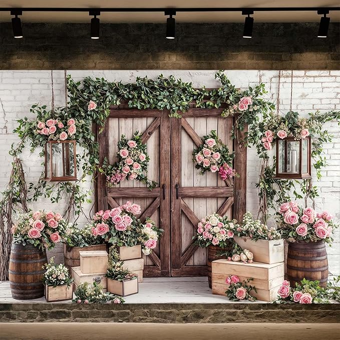 8x6ft Country Wedding Photography Backdrop Floral Rustic Roses Farmhouse Wooden Door Backdrop Pink Flower Birthday Baby Shower Wedding Bridal Party Banner Photo Booth Props Anniversary Background