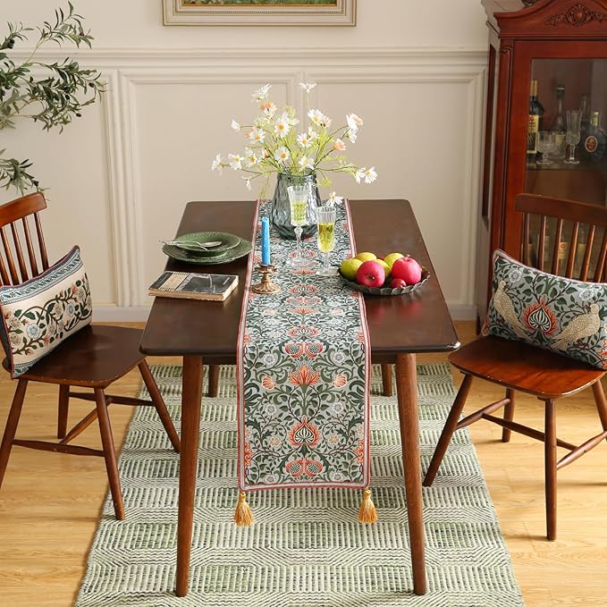 ISAENNE Designer French Green Elegant Linen Table Runner 71 Inches Long,Colorful Flower Pattern Soft Table Runners for Dining Tables,Thanksgiving,Kitchen Tables,Christmas,12"*71"-Naples B