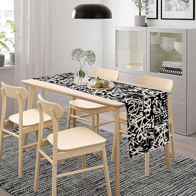 Graffiti Table Runner,Black White Abstract Messy Art Theme Pattern Print Tablecloth Burlap for Hotel Indoors Outdoor Dining Room Kitchen Home Decor,W13X L80 in