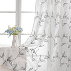 VISIONTEX Sheer Curtains 63 Inch Length 2 Panels, Decor Iron Grey Vine Leaves Embroidery on White Voile Pair, Accent Semi Window Drapes for Kitchen, Living Room and Bedroom, 54" W x 63" L