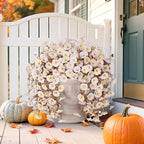 Fake Mums Artificial Fall Hanging Flowers for Outdoors Decoration, 2 PCS Faux Silk Morning Glory with Bown Eucalyptus UV Resistant Plants for Wall Home Porch Patio Balcony Yard Indoor Decor (White)