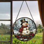 Stained Glass Window Hanging - Christmas Snowman Suncatcher for Door Terrace Garden Home Decor Winter Forest Snow Sun Catcher Birthday Gifts for Lovers Women Men Dad Mom Nana 6.3 in