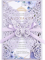 Purple Butterfly Laser Cut Wedding Invitations 50 Set, Hollow Out Rose Shaped Wedding Invites for Bridal Shower Quince Invitaciones Para Boda (Blank Inner Sheet, No Pattern)
