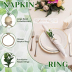MAOANME Napkin Rings Set of 12, Rustic Eucalyptus Napkin Holder Rings with Wood Bead, Farmhouse Green Leaf Napkin Ring Bulk, Boho Napkin Ring for Wedding, Table Decor