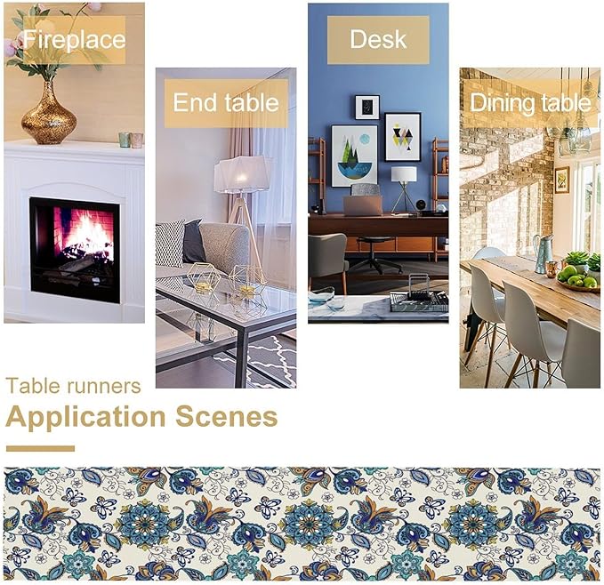 Oriental Paisley Table Runner, Luxury Vintage Blue Teal Floral Butterflies Print Table Runner for Home Dining Kitchen Coffee Table Party Decor, 13x90inch