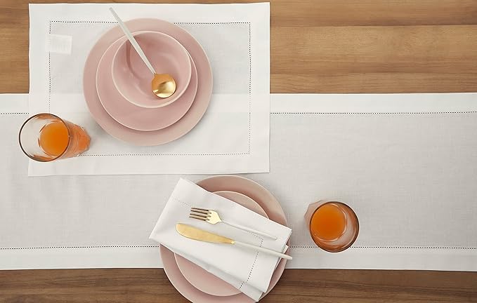 Solino Home White Table Runner 132 Inches Long - Cotton Linen Hemstitch Extra Long Table Runner 14 x 132 Inch for Fall, Autumn, Halloween, Thanksgiving, Christmas, Holiday