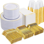 NOCCUR 700PCS Gold Plastic Plates - Gold Disposable Dinnerware Set for 100 - Include 200 Dinner/Dessert Plates, 300 Cutlery, 100 Cups, 100 Napkins, Idea for Wedding/Party/Thanksgiving