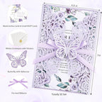 Purple Butterfly Laser Cut Wedding Invitations 50 Set, Hollow Out Rose Shaped Wedding Invites for Bridal Shower Quince Invitaciones Para Boda (Blank Inner Sheet, No Pattern)