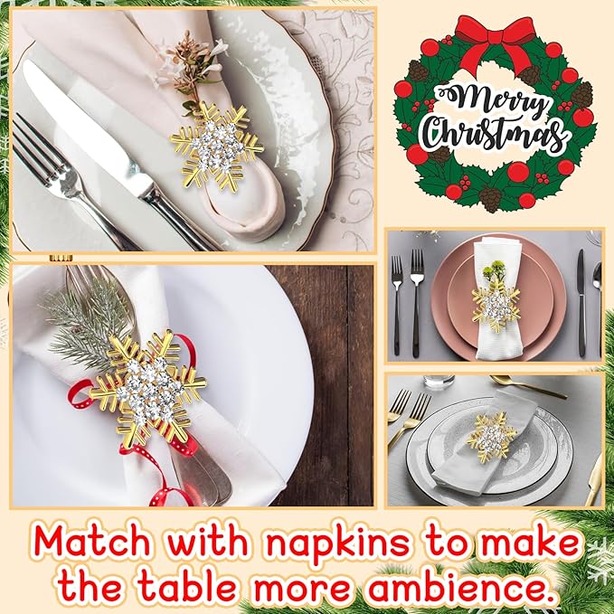 Halatool Christmas Napkin Rings Set of 6, Gold Snowflake with White Rhinestone Napkin Holder for Christmas Thanksgiving Winter Holiday Place Setting, Weddings, Party Table Decoration