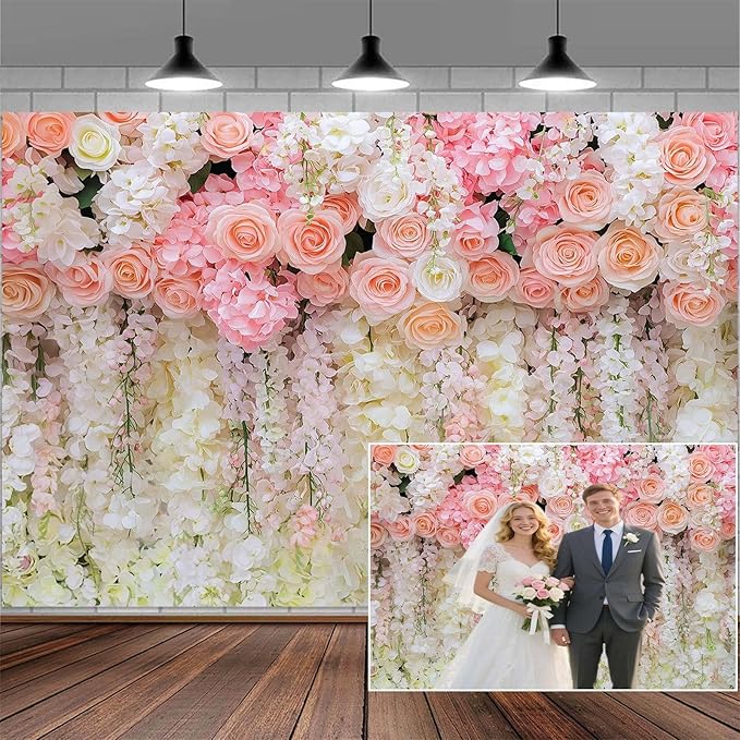 8x6ft Pink Rose Flower Wedding Photography Backdrop Spring Floral Photography Backdrop Valentine's Day Mother's Day Girl Birthday Baby Shower Wedding Bridal Party Banner Photo Booth Props Background