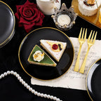 Festiva 200Pcs Black Gold Dessert Plates 6.3" with Plastic Forks 5"- Small Disposable Plates- Dessert/Cake/Appetizer Plastic Plates include 100Plates 100Forks for Christmas Party&Halloween&New Year