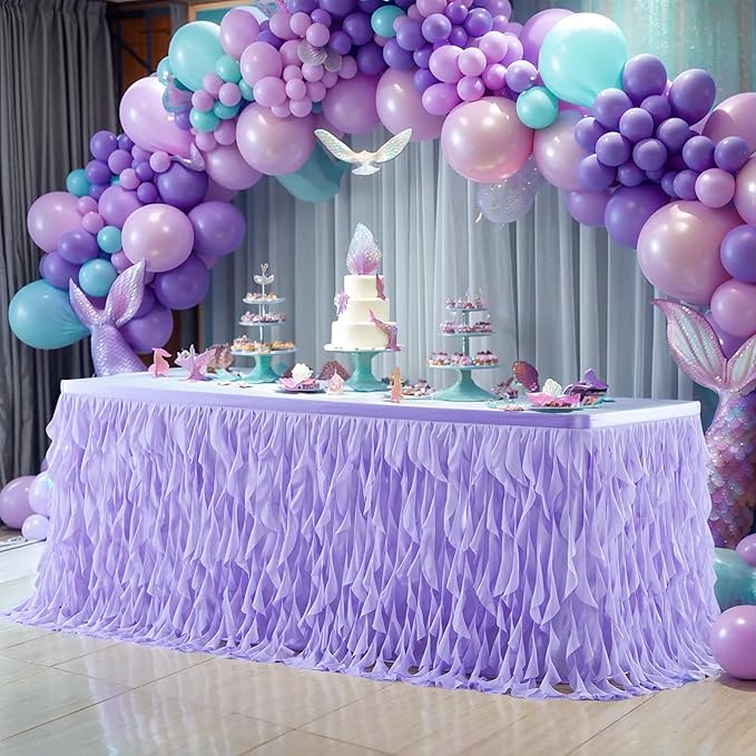 PARTISKY Lavender Purple Tulle Curly Willow Table Skirt for Rectangle Table 14ft, Ruffle Tutu Table Cloth for Girls Boys Baby Shower,Mermaid Birthday Party