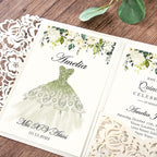 DORIS HOME 50pcs Laser Cut Quinceanera Invitations Green and Ivory White, 4.7x7.1 Blank Quince Invitations for 15th Birthday, Invitation cards for Sweet 16 with Envelopes
