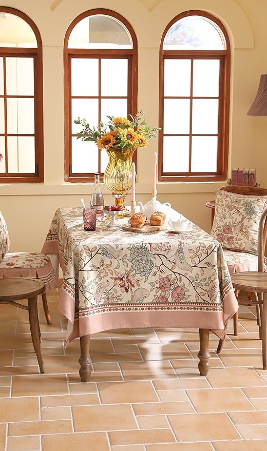 patdrea Designer Pink Linen Table Cloth for Rectangle Table,Vintage Floral with Birds Pattern Decorative Tablcloth,French Table Cover for Kitchen Dining,Thanksgiving,Christmas,67"x118"-Kulom a