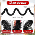 50 Feet Black Christmas Tinsel Garland, Metallic Foil Twist Banner Wall Hanging Tinsel Streamers Backdrop for Parade Floats, Christmas, Mother's Day, Birthday Party Decorations(2in x 50ft)