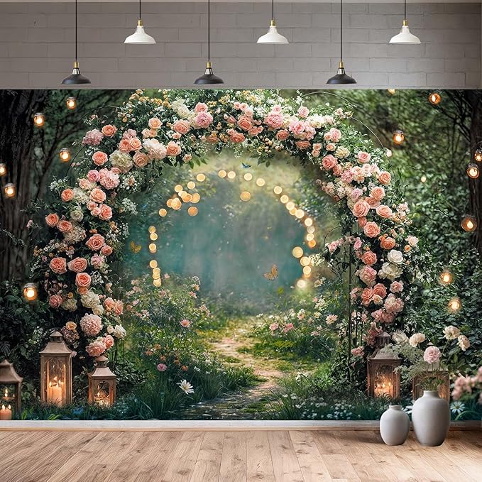 10x10ft Enchanted Forest Wedding Photography Backdrop Wonderland Roses Fairy Tale Backdrop Pink Flower Birthday Newborn Baby Shower Wedding Bridal Party Banner Photo Booth Props Anniversary Background