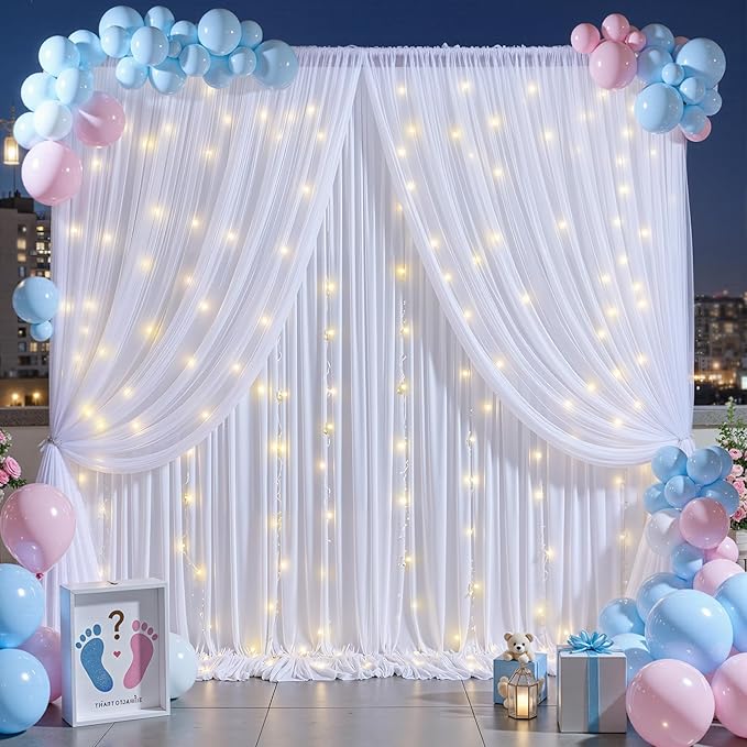 White Tulle Backdrop Curtain for Parties Wedding,5ft x 10ft Wrinkle Free Curtain Backdrop,2 Layer Drapes for Backdrop,Polyester Wedding Back Drop for Bridal Shower Birthday Baby Shower Photography