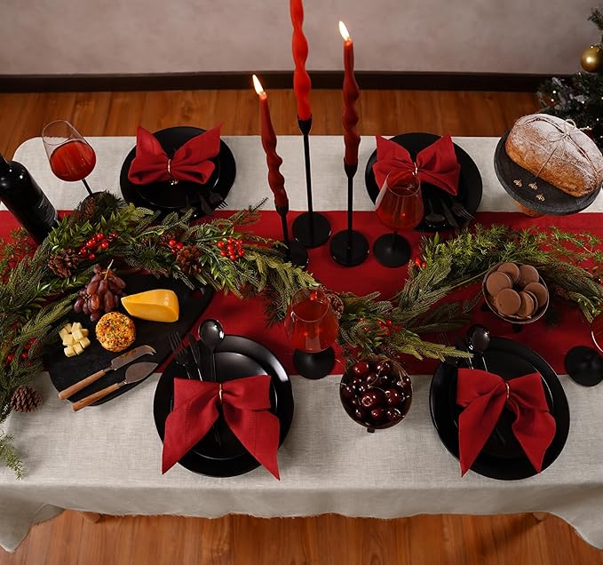 Linen Table Runner 14 x 72 Inch Long - 100% Pure Linen Christmas Red Table Runner - Cloth Fabric Hemstitch Runner for Thanksgiving, Christmas, Winter, New Year - Elara