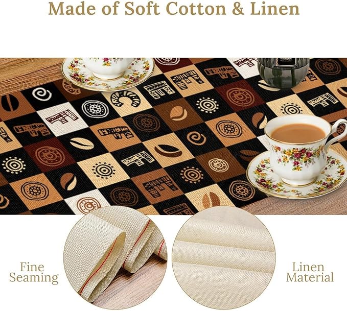 Coffee Theme Table Runner, Rustic Farmhouse Coffee Cup Latte Cappuccino Tea Party Cafe Table Center Decor for Home Kitchen Dining Patio Holiday Party Indoor Outdoor Table Decorations, 13"x72" Inch