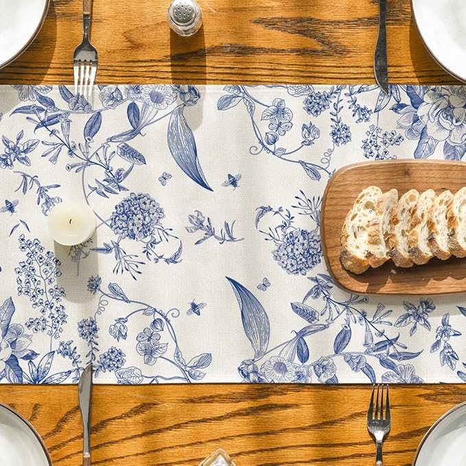 Artoid Mode Monochrome Sketch Birds and Flowers Spring Table Runner, Seasonal Summer Fall Kitchen Dining Table Decoration for Home Party Decor 13x108 Inch