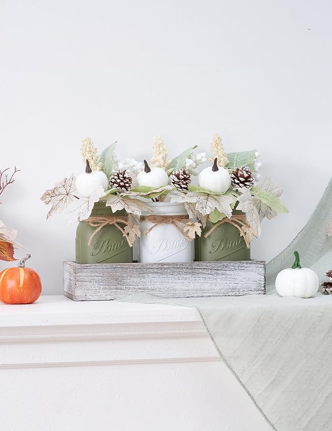 Fall Thanksgiving Table Decor, Centerpieces for Tables with Mason Jar, Fake Flowers, Wood Tray, 16 Pcs Pumpkin Fall Thanksgiving Centerpieces Table Decorations for Home, Farmhouse Kitchen Decor